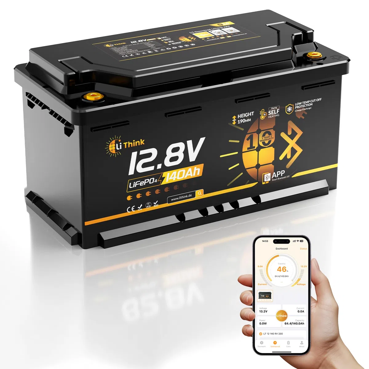 LiFePO4 12V 140Ah H190 Lithium Batterie Bluetooth mit 200A BMS LTP&Heizfunktion DIN H8 L5 Größe, 1792Wh Lithium Batterie Autobatterie für Wohnmobil,Wohnwagen,Boot CB/IEC 62619 ECE R10