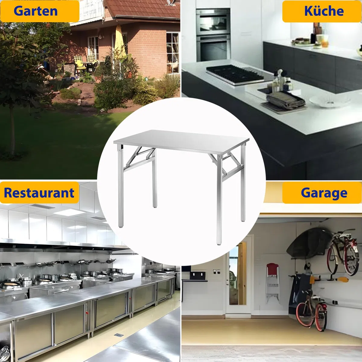 Edelstahl Klappbar Arbeitstisch 120x60cm - Gastronomie Tisch bis 200kg belastbar - Gastro Edelstahltisch Küchentisch - Gastronomietisch klappbar, Klapptisch, Serviertisch - Tisch für Küche