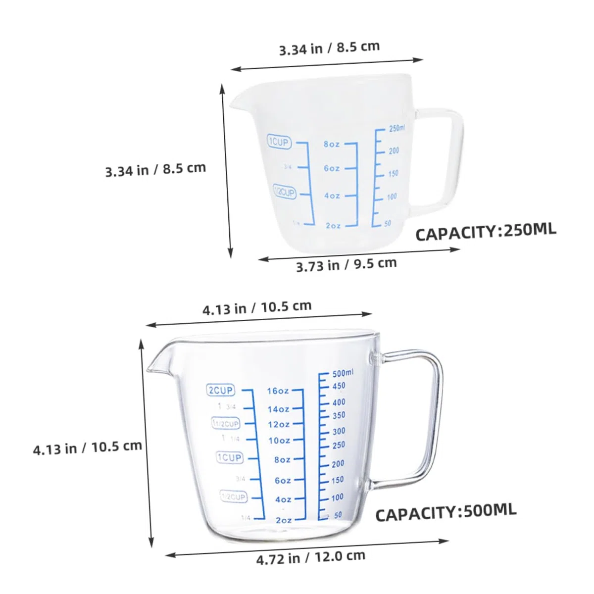 Messbecher aus Glas 3 Stück 250ml 500ml mit Henkel | Borosilikatglas, für Flüssigkeiten und Espresso, Leicht und Vielseitig