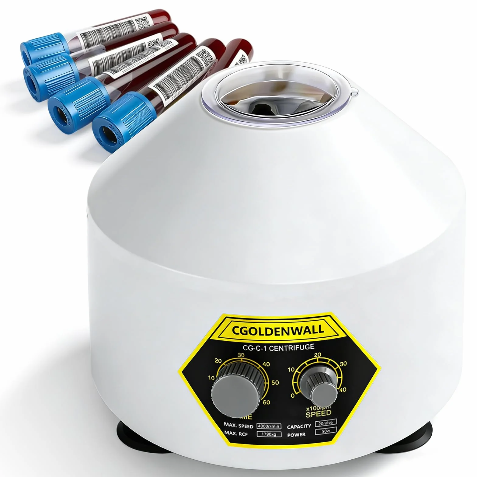 CGOLDENWALL Laborzentrifuge mit 6 * 20 ml Zentrifugenröhrchen &Transparentem Deckel, 4000 U/min Max. Geschwindigkeit, 0-60 Min. Timer, 1790 xg Max. RZK Geeignet für 5/7/10/15 ml Vacutainer Röhrchen