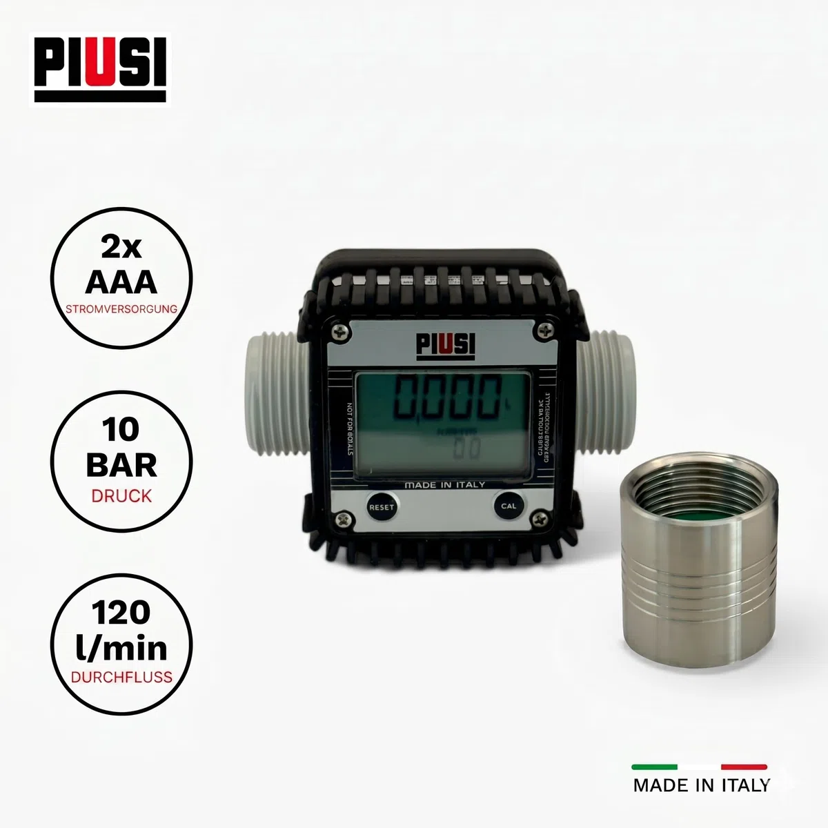 Piusi Digitales Turbinen-Durchflussmessgerät für Adblue/Wasser mit Anzeige für Durchflussraten bis zu 120 l/min, Druck 10 bar, Anschluss M/F 1” BSP und 4-Richtungen drehbares Display | K24 F0040710A