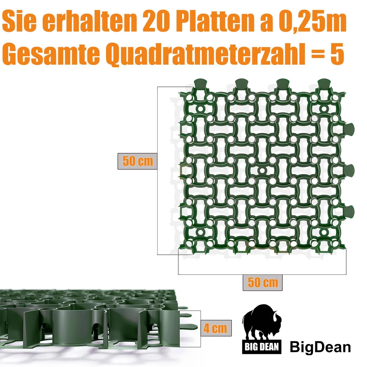BigDean Rasengitter Kunststoff 100 Stück a 50 x 50 x 4 cm - 16 t/m² belastbar & befahrbar Paddockplatten in grün (25 m²)