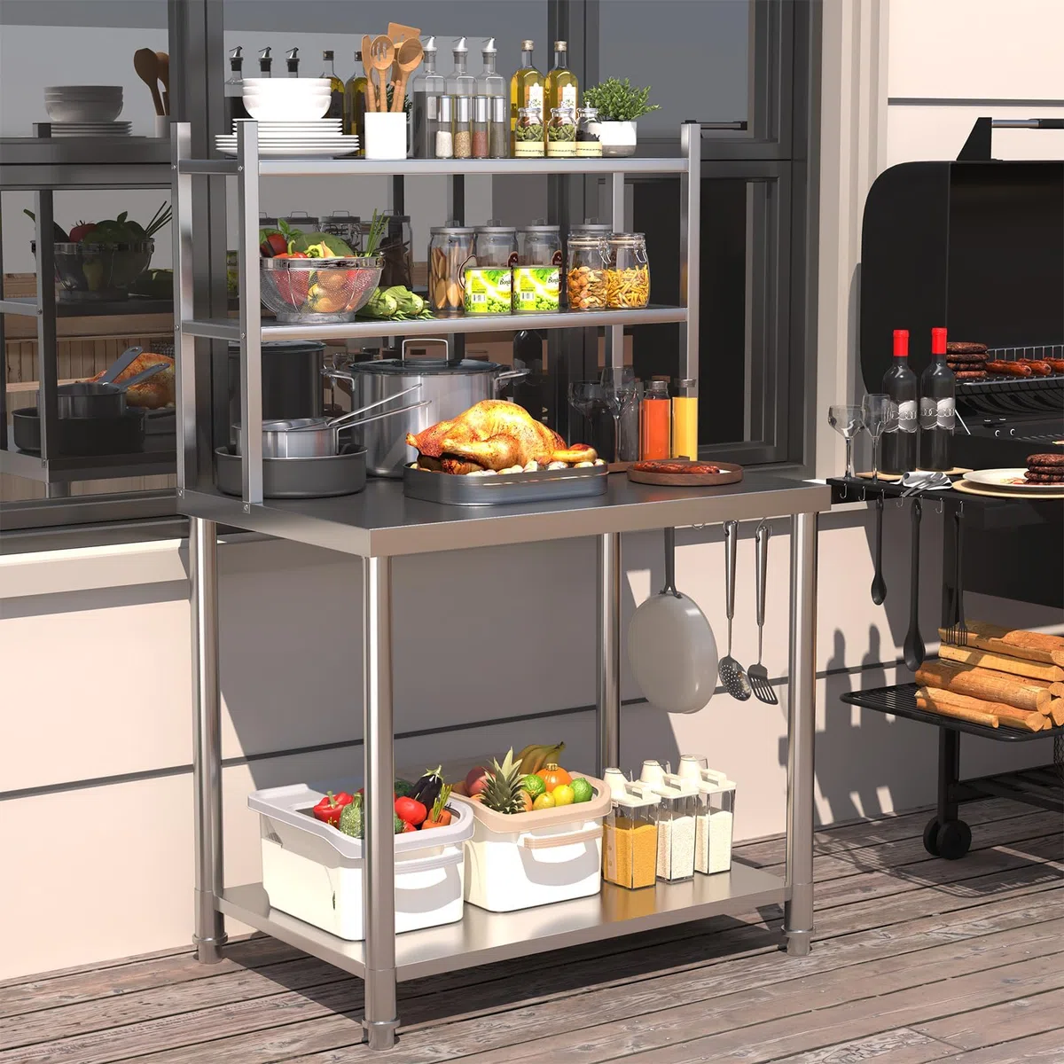 UNIONLINE Edelstahl Arbeitstisch 76x60x138cm, Gewerblicher Küchentisch mit 2 Oberablagen, Catering Vorbereitungstisch für Outdoor Küche & Pizzaofen