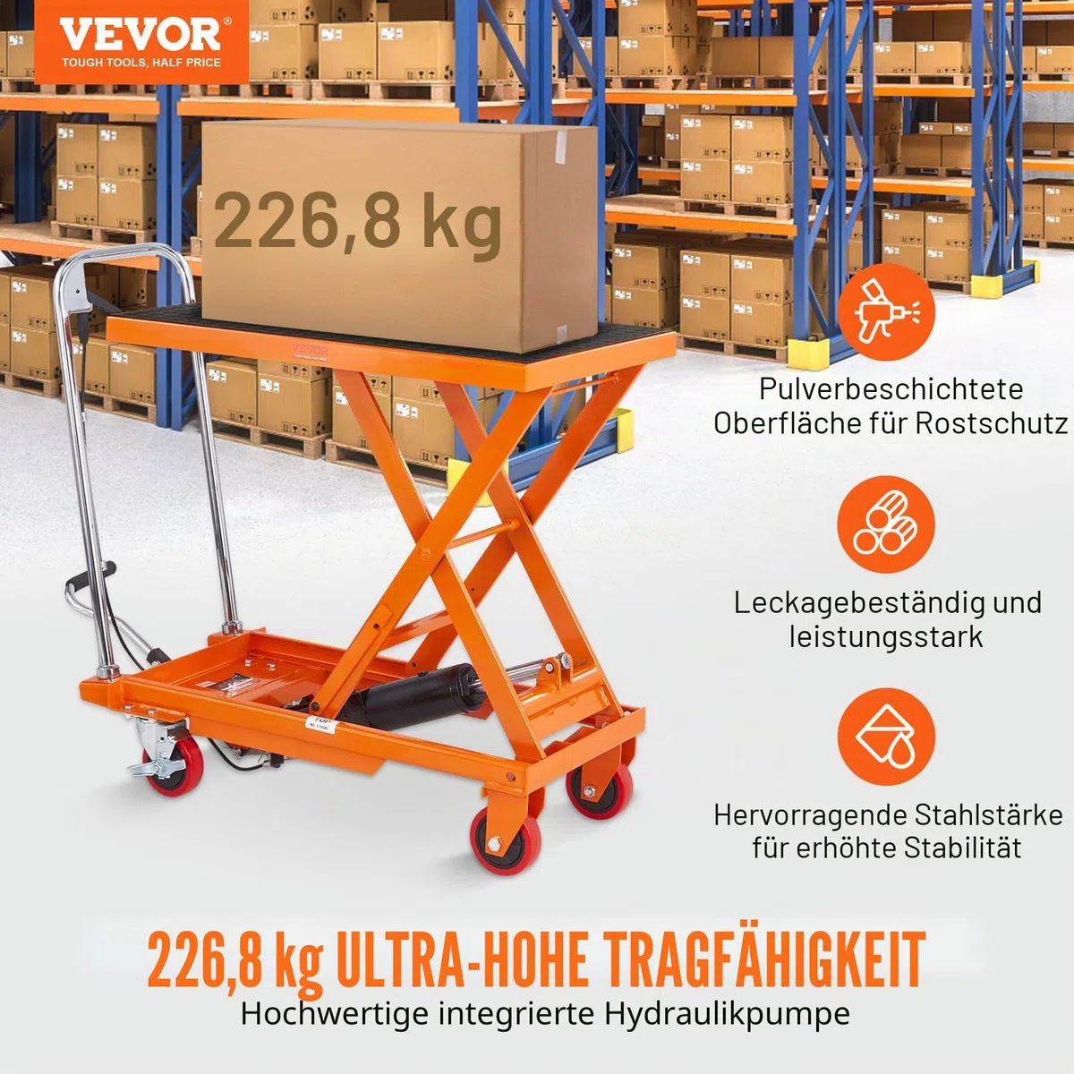 VEVOR Scherenhubtisch hydraulisch 230 kg Tragfähigkeit Hubtischwagen 220–720 mm Hubbereich Hubtisch Werkstatt 700 x 450 mm Plattform Scherenhubwagen Einzelschere für Fabriken Lagerhäuser Supermärkte