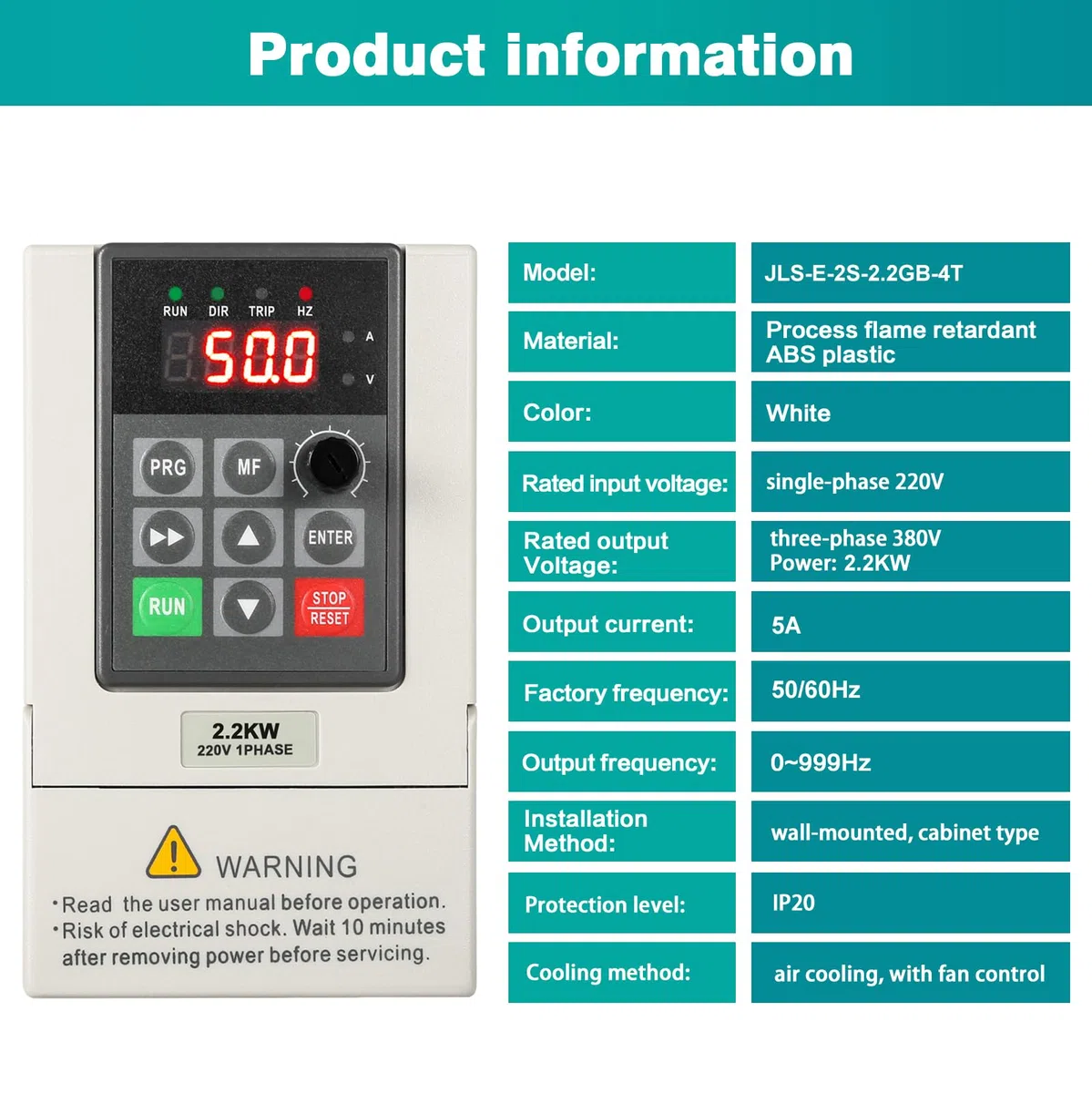 VFD Frequenzumrichter 230V 380V Einphasiger 220V-Eingang Dreiphasiger 380V-Ausgang 2.2KW Frequenzumrichter CNC Frequenzumrichter Werksmodell JLS-E-2S-2.2GB-4T (mit 2M Verlängerungskabel)