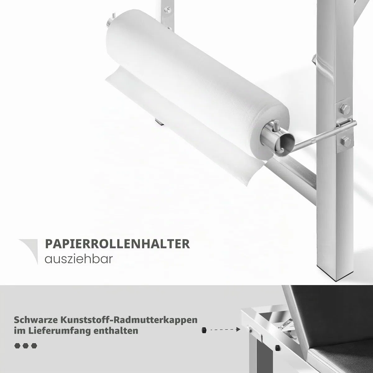AIESI® Untersuchungsliege medizinische Feuerfeste aus Edelstahl mit 1 Gelenk, Farbe Schwarz mit Toilettenpapierhalter, Belastbarkeit 150 kg, Garantie 24 Monate