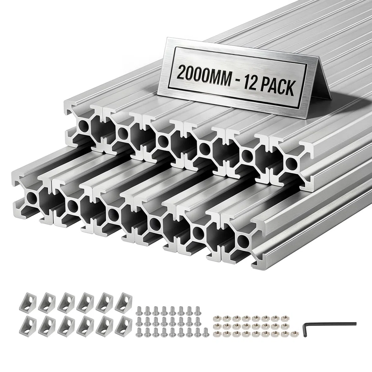 VEVOR 2020 Aluminium Profile 12 Stk. 2 m, Eloxierte T-Nut-Aluprofile nach EU-Standard, Hochfeste Strangpressprofile, Aluminiumschiene für 3D-Druckerteile, CNC-DIY-Werkbänke und Montage, Silber