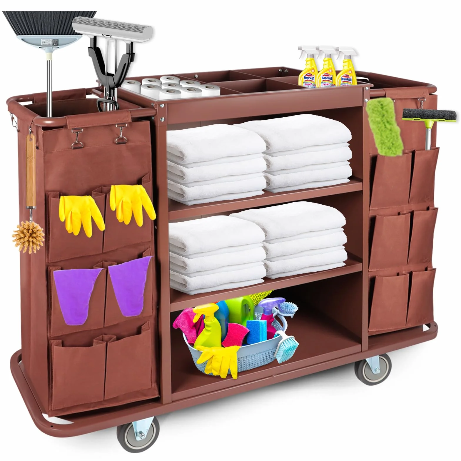 EBANKU Multifunktionaler Hotelwagen, Gewerblicher Reinigungswagen & Housekeeping-Trolley mit Großraumtasche und Rädern