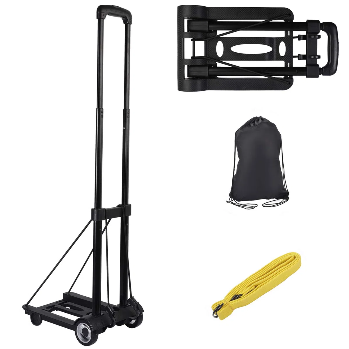 KINJOEK 25 kg faltbare Sackkarre, solide Konstruktion, Allzweckwagen für Gepäck mit 2 übergroßen Rädern, Bonus-Bungee-Seil, zusammenklappbar, leicht und kompakt, Gepäckwagen für Reisen, Schwarz