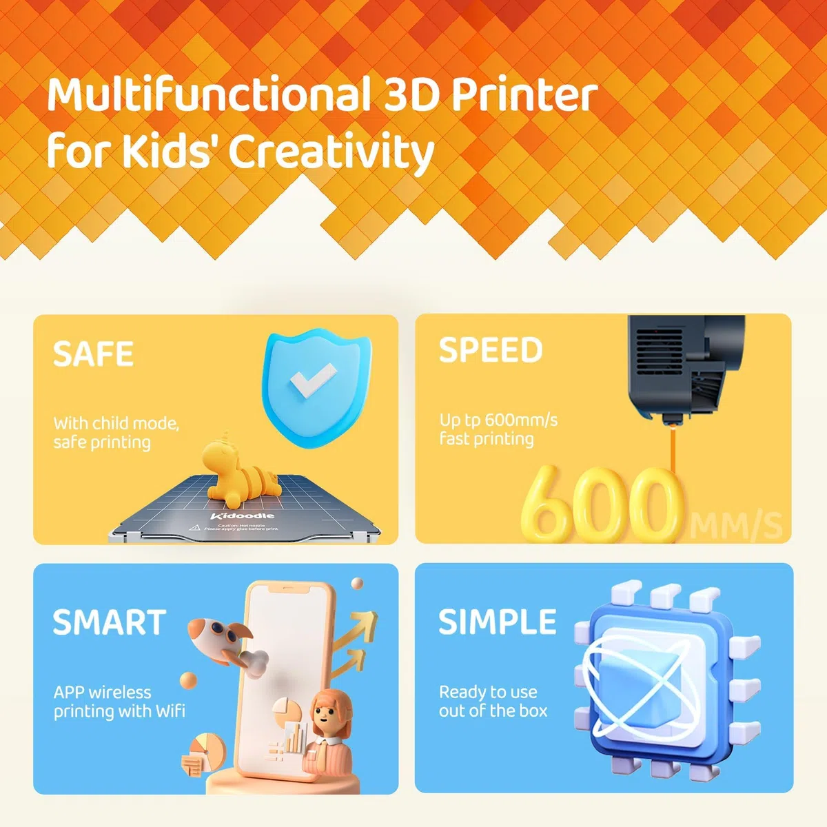 Kidoodle 3D Drucker Kinder - Mini 3D Drucker, Safe for Children STEM Learning Mate, Wi-Fi & App Control, Weekly Update Toy Library, Touch Screen, Toy 3D Printer, Easy Setting/One Click to Print