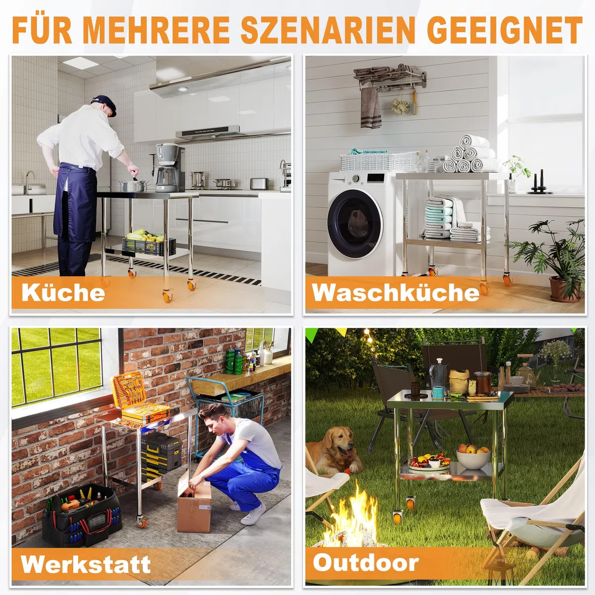 AufuN Edelstahl Arbeitstisch 61x46x85 cm mit Rollen & 2 Ebenen – Mobiler Arbeitstisch für Küche, Gewerbe, Restaurant & Hotel – Lebensmittelzubereitungstisch aus Edelstahl mit feststellbaren Rollen