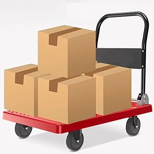 Plattformwagen, Schubkarre, zusammenklappbarer Plattformwagen, Kunststoffdeck und Metallgriff, Handwagen mit Rädern, zusammenklappbarer Schubwagen zum Bewegen von Gepäck