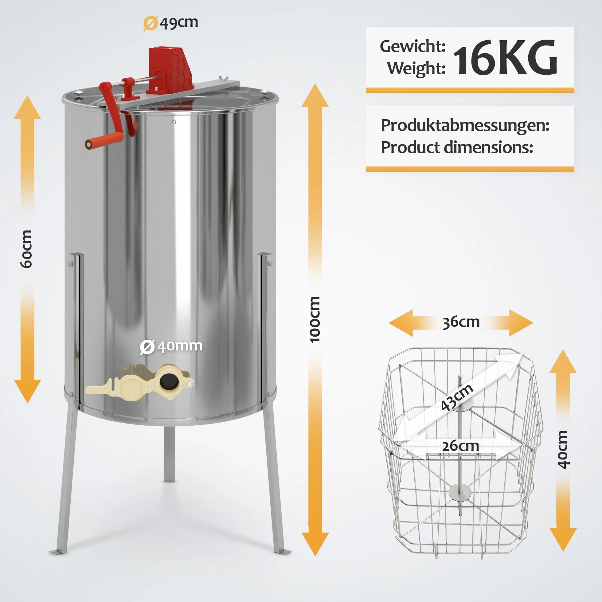 Jago® Honigschleuder - aus Edelstahl, Manuell, für 4 Waben, Ø490 mm, mit Deckel - Honig Extraktor, Schleuder, Tangentialschleuder, Honey Extractor, Imker und Bienenzüchter Zubehör
