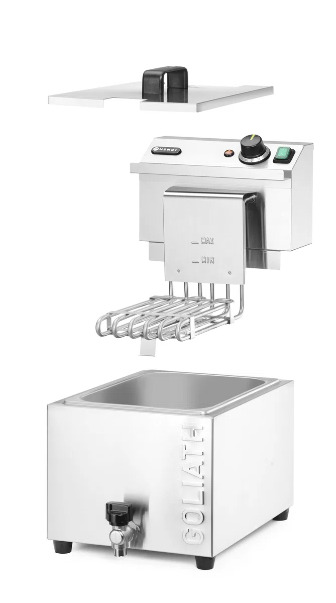 HENDI Fritteuse XL, GOLIATH, mit Ablasshahn, mit Frittierkorb und Deckel, Temperaturbereich: 50° bis 190°C, Kaltzone, extra Leistung, Frittierbehälter, 10L, 400V/10,2kW, 300x585x(H)392mm, Edelstahl