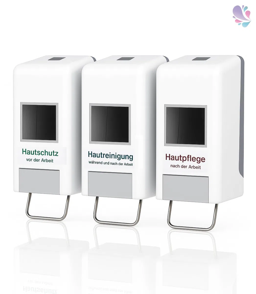 Softflaschenspender Tri 1–2 Liter Weiß-Grau | 3-fach Spendersystem, ideal für Hautschutzpläne, für 1- & 2-Liter-Softflaschen