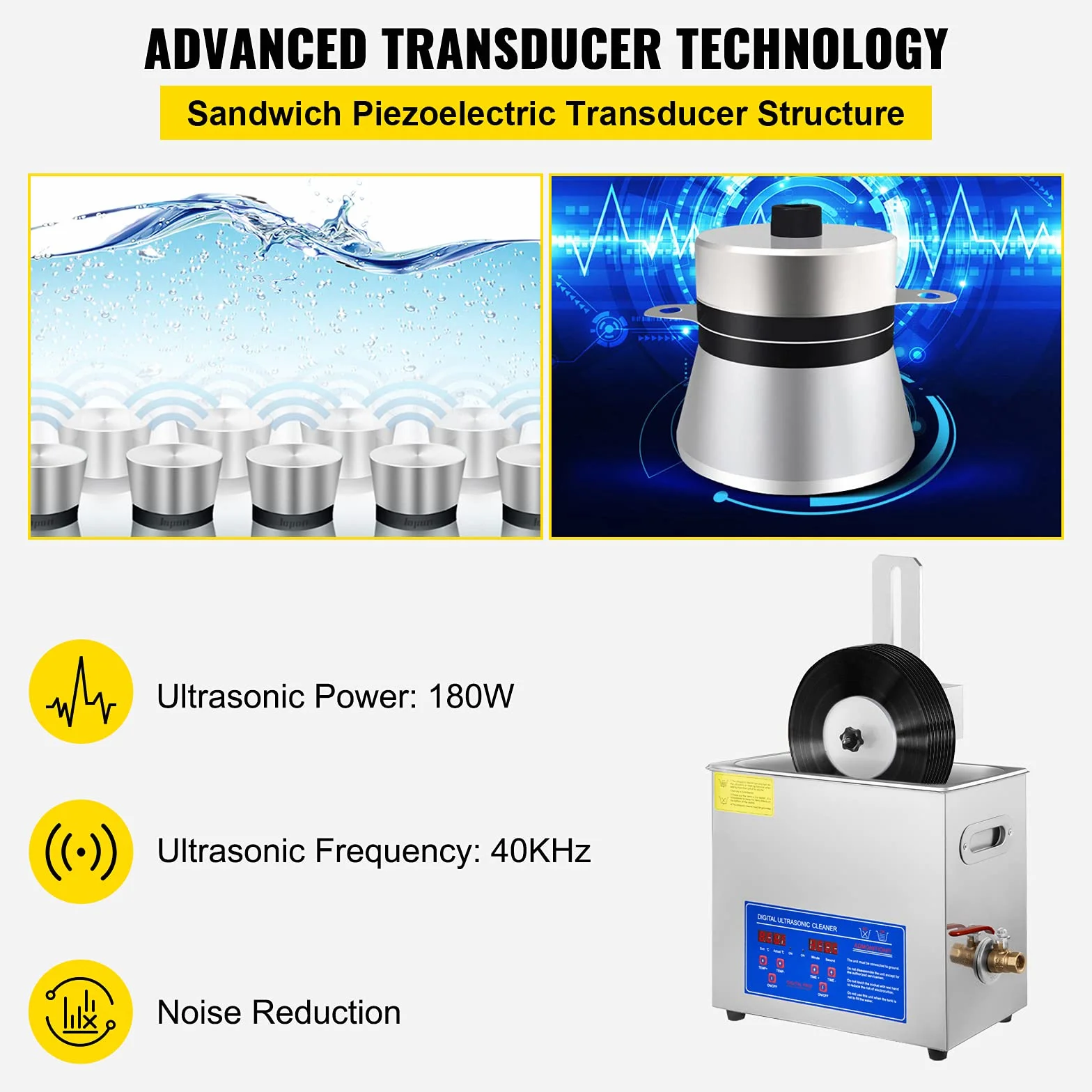 VEVOR Ultraschallreiniger 395 x 25 x 325 mm Ultraschallreiniger für Vinyl 6 L Vinyl Ultraschallreinigungsmaschine 8 Scheiben 180W Schallplatten-Reiniger, Wäscheständer für Zuhause