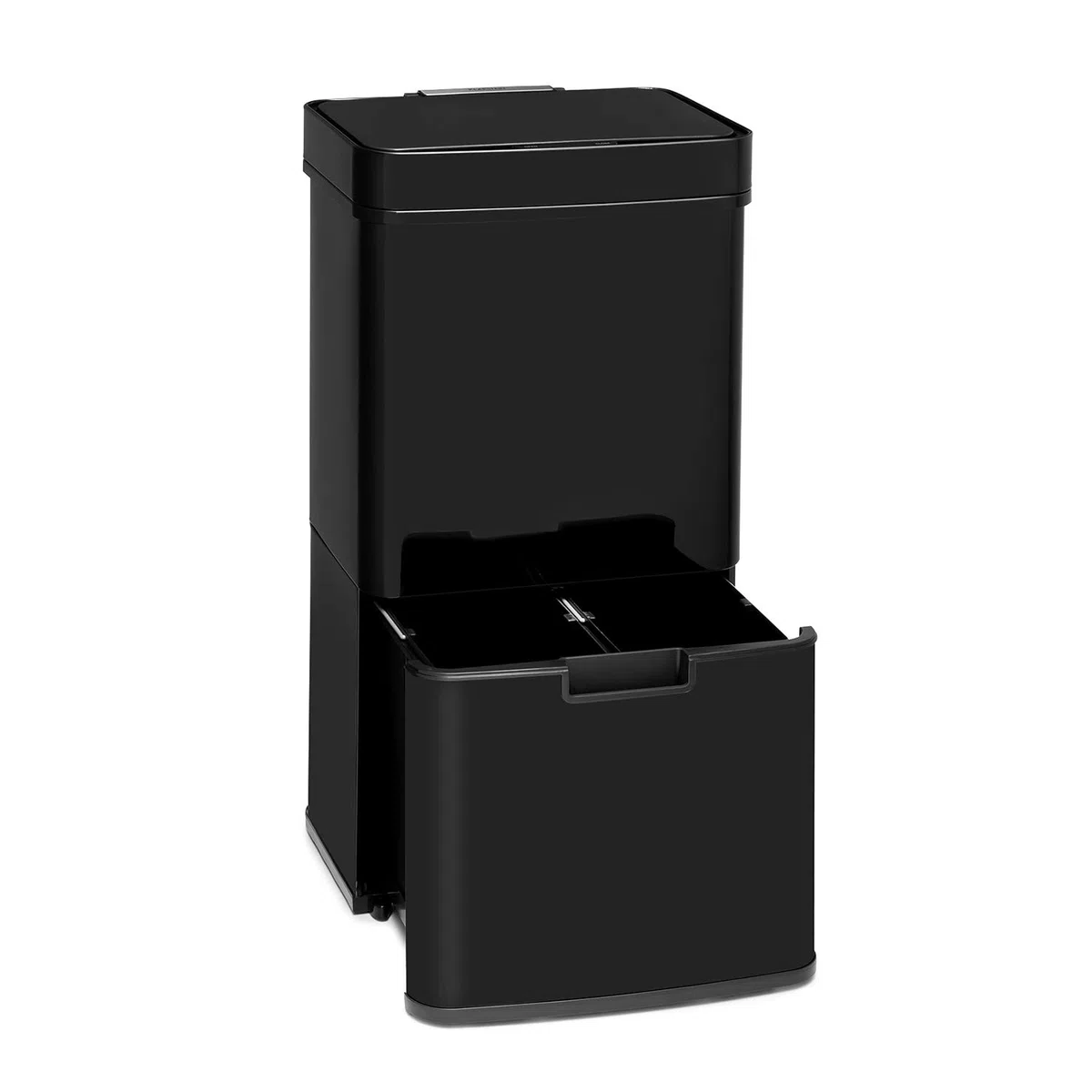 Klarstein Royal Trash Sensor-Mülleimer, 72 L Volumen in 4 Behältern, Restmüll & Recycling-Abfälle: 43 & 2 x 12,5 L, Bio-Eimer mit Deckel: 4 L, automatisches Öffnen und Schließen, Glänzend schwarz