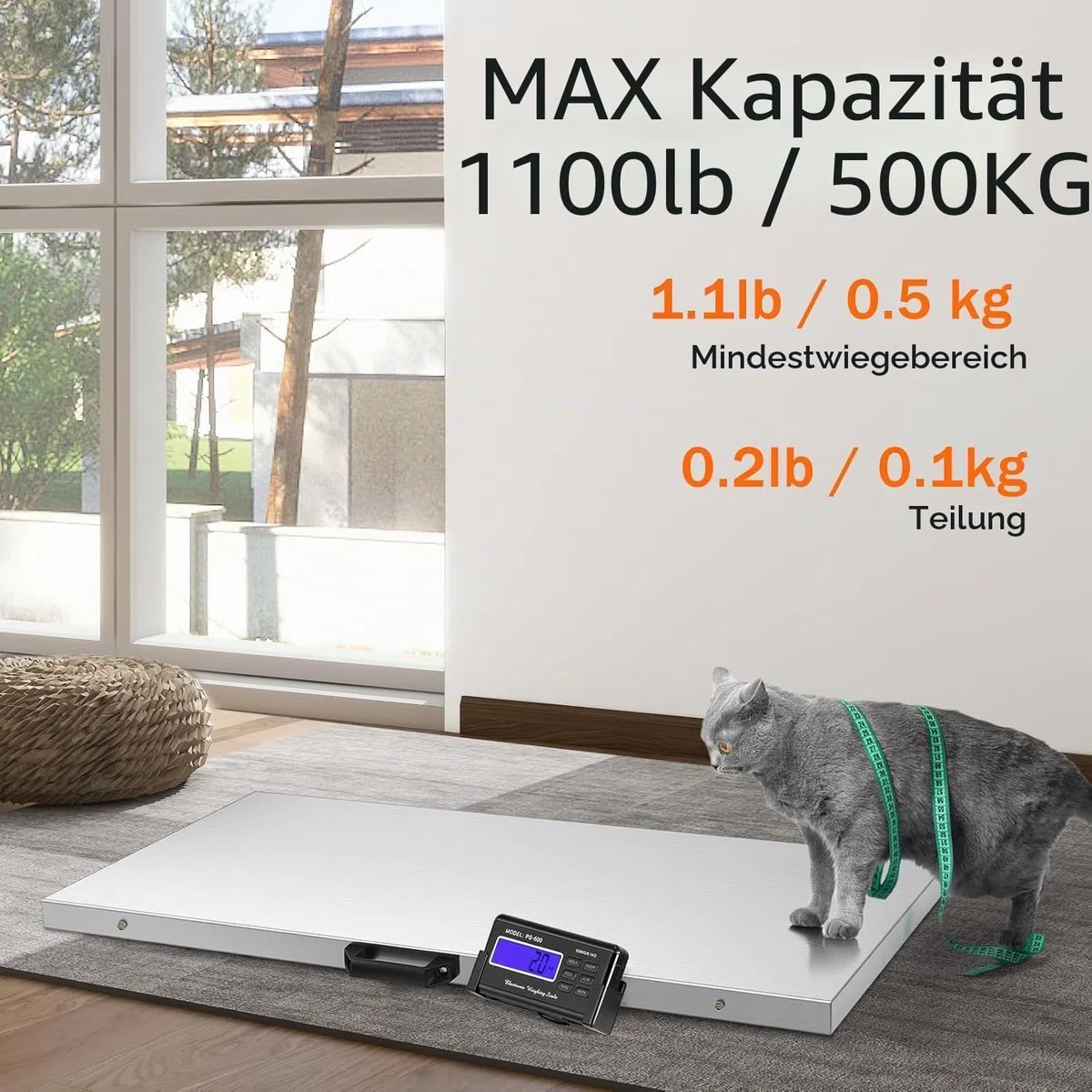 Bonvoisin 500kg Tierwaage für Veterinär & Nutztiere, Tara- & Hold-Funktion | Große Edelstahl-Plattform 103x53cm mit rutschfester Matte, Fern-Display & Dual-Stromversorgung für professionelles Tierwiegen