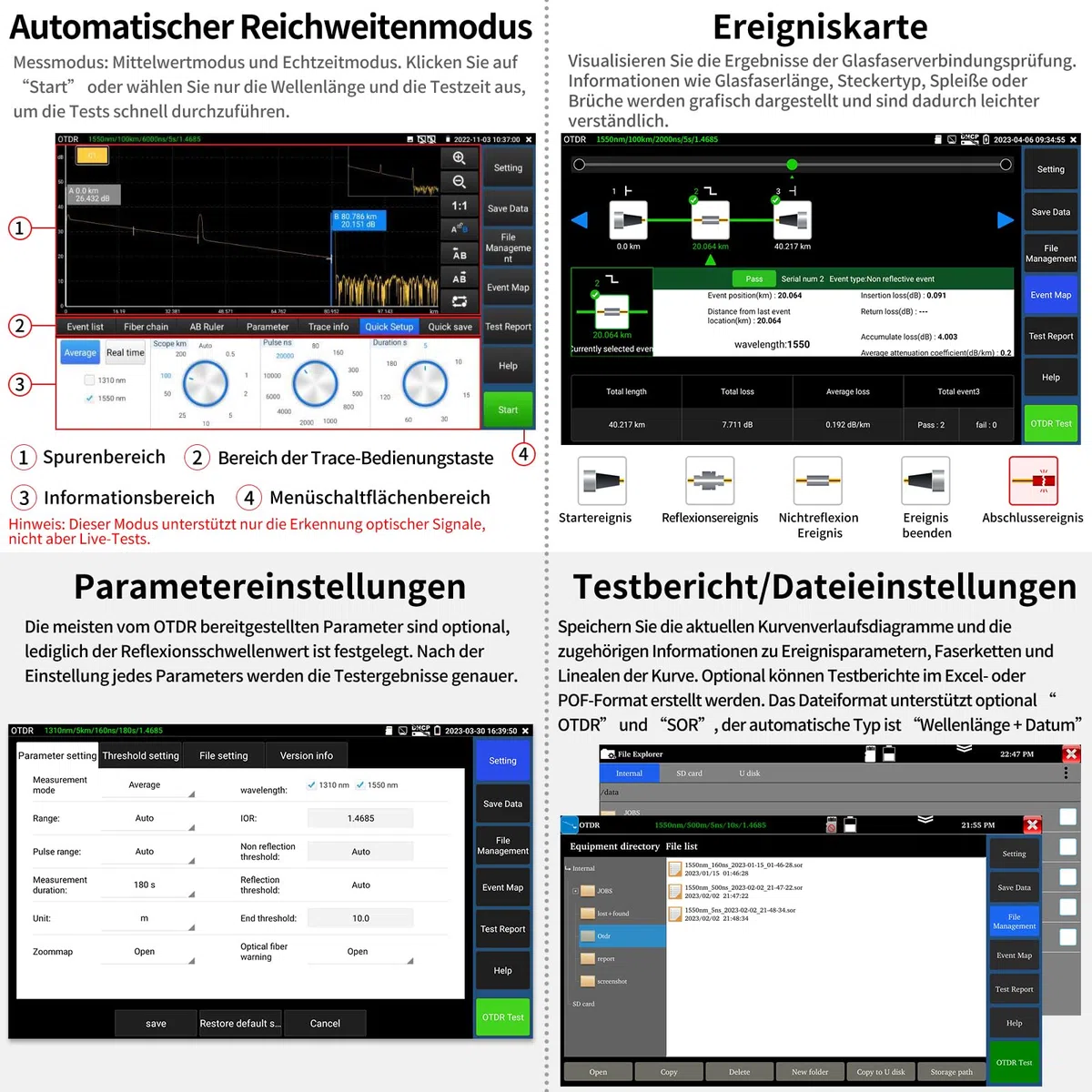 Henkion OTDR Fiber Optic Tester 1310/1550 nm 26/24 dB Glasfasermessgerät, Automatik/Parametermodus, OPM, LS, OLS, Ereigniskarte, Kabeltester, 8 Fasernadapter, Datei- und Berichtseinstellung