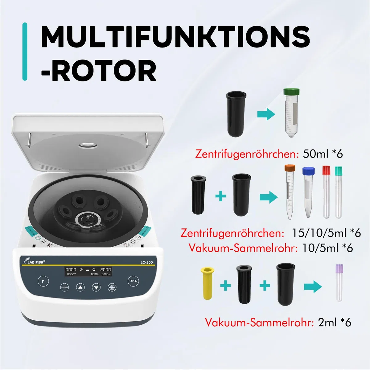 LAB FISH Labor Zentrifuge, Niedrige Drehzahl 500-4000 U/min, Max. 2146 xg, 9 Programmspeicher, Timer, für 2/5/10/15/50ml Röhrchen (6-fach Winkelrotor)