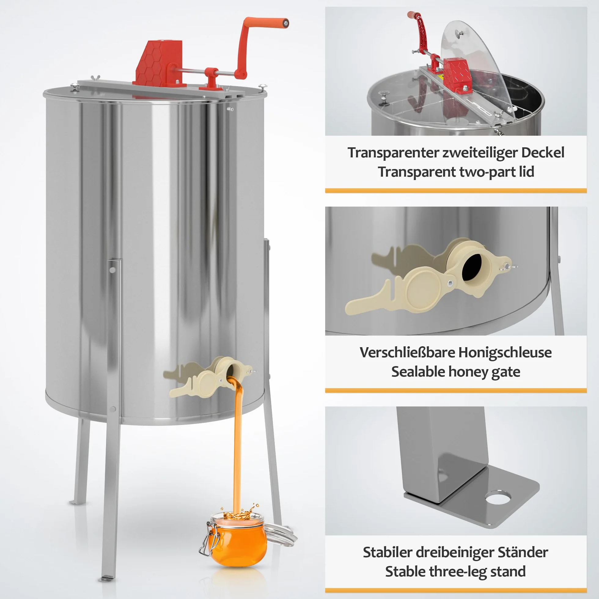 Jago® Honigschleuder - aus Edelstahl, Manuell, für 4 Waben, Ø490 mm, mit Deckel - Honig Extraktor, Schleuder, Tangentialschleuder, Honey Extractor, Imker und Bienenzüchter Zubehör