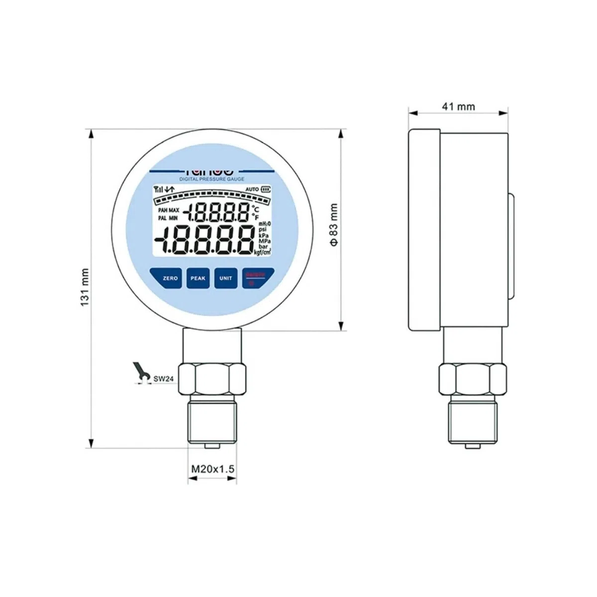 Digitales Manometer, Edelstahl-Membran-Manometer, Hintergrundbeleuchtung, Wasserzähler, Genauigkeit 0,1%(-100KPa-0KPa)