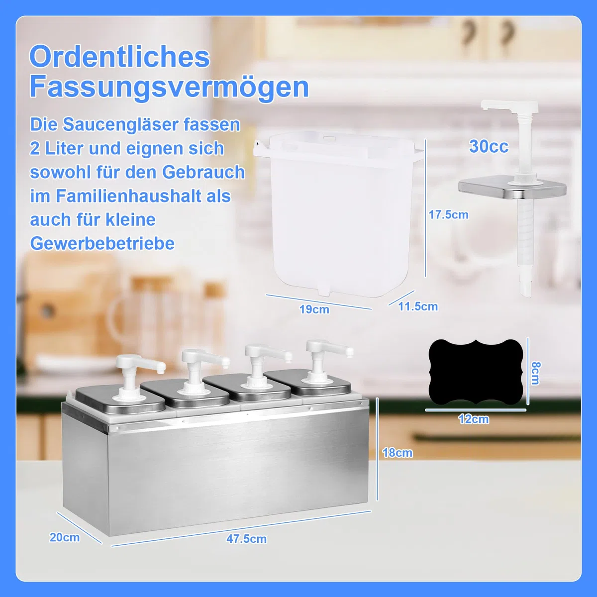 8L Ketchup Spender, Saucenspender mit 4 Pumpen, 8 Etiketten, Abnehmbar, Edelstahl-Gewürzpumpstation Küchensoßenspender, Salat Marmeladen Gewürz Gewürz Quetschpumpenbehälter für Küche und Restaurant