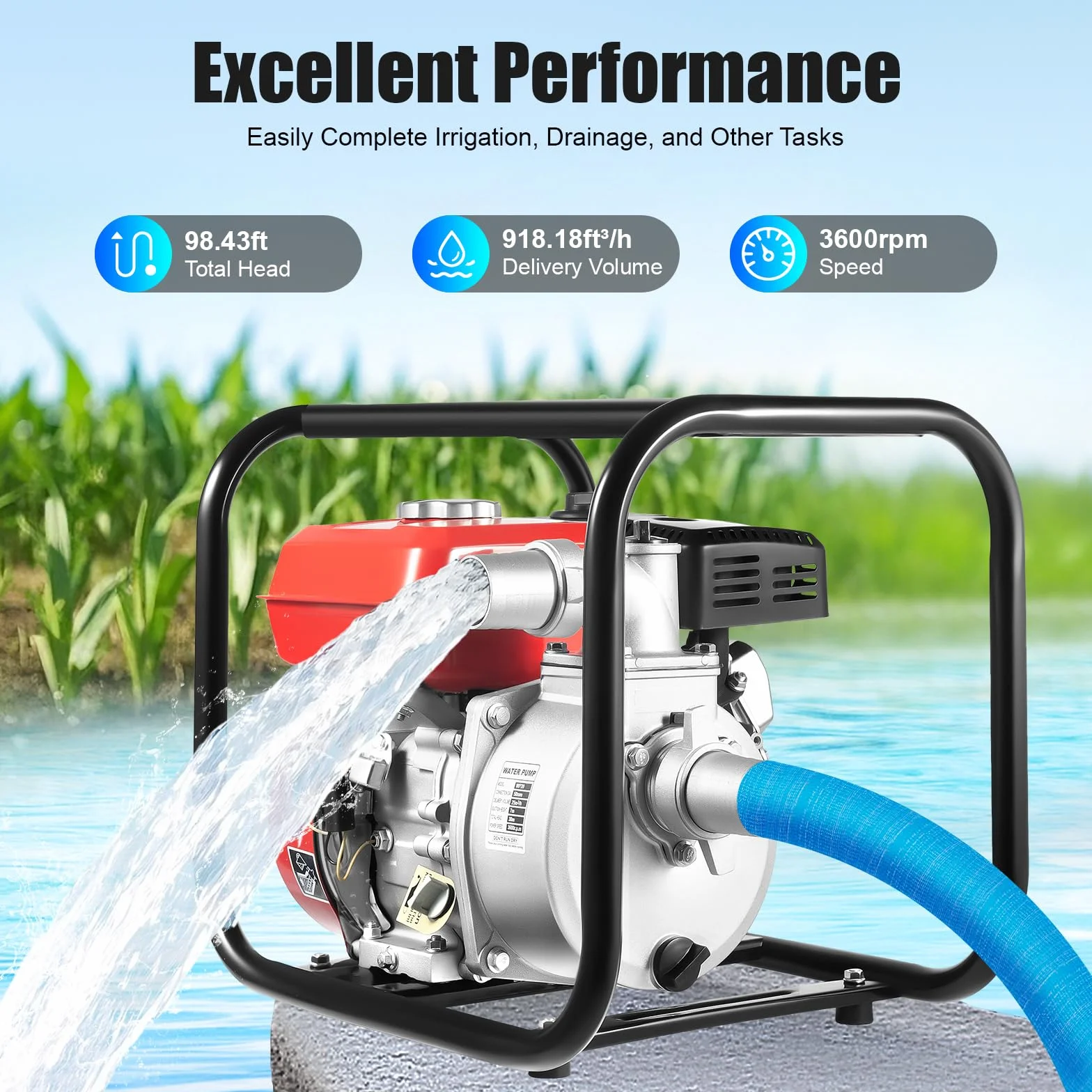 7.5HP Benzin Wasserpumpe, 2 Zoll Tragbare Wasserpumpe, 4-Takt Schmutzwasserpumpen mit 7.5m Wasserschlauch, 212CC Selbstansaugend Gartenpumpe für Bewässerung, Landschaftsbau