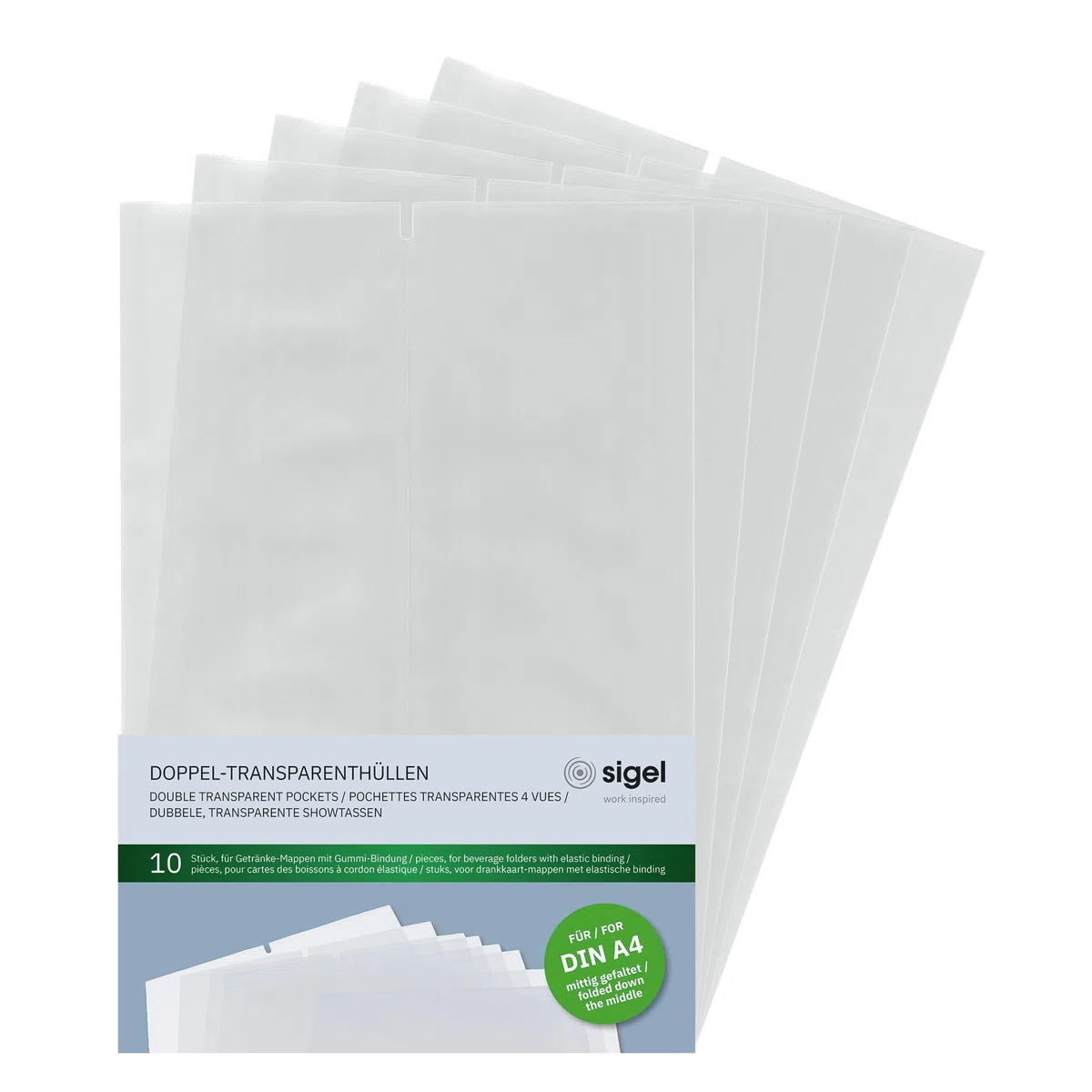 SIGEL SM182/5 Doppel-Transparenthüllen für Getränkemappen im Barformat 1/2 A4, mit Gummibindung, 5er Pack á 10 Stück, strapazierfähig und leicht abwischbar