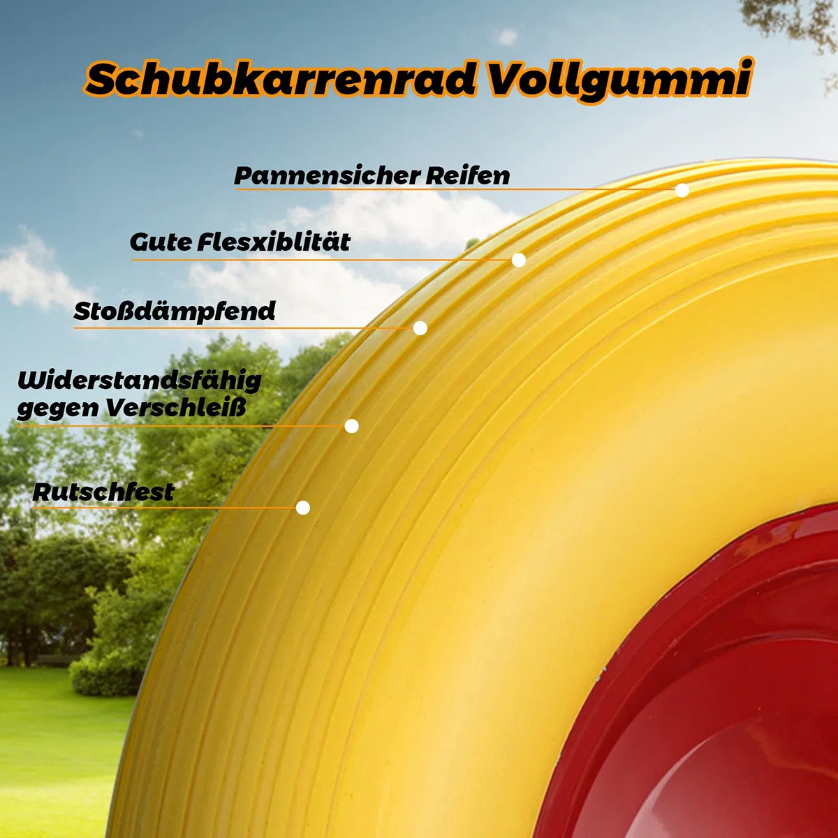 2x Schubkarrenrad 4.80 4.00-8 Vollgummi, Ersatzrad, pannensicher, 200 kg Tragkraft Gummirad mit Achse 95mm Breite, Stahlfelge Reifen gelb-rot, für Gartenkarren