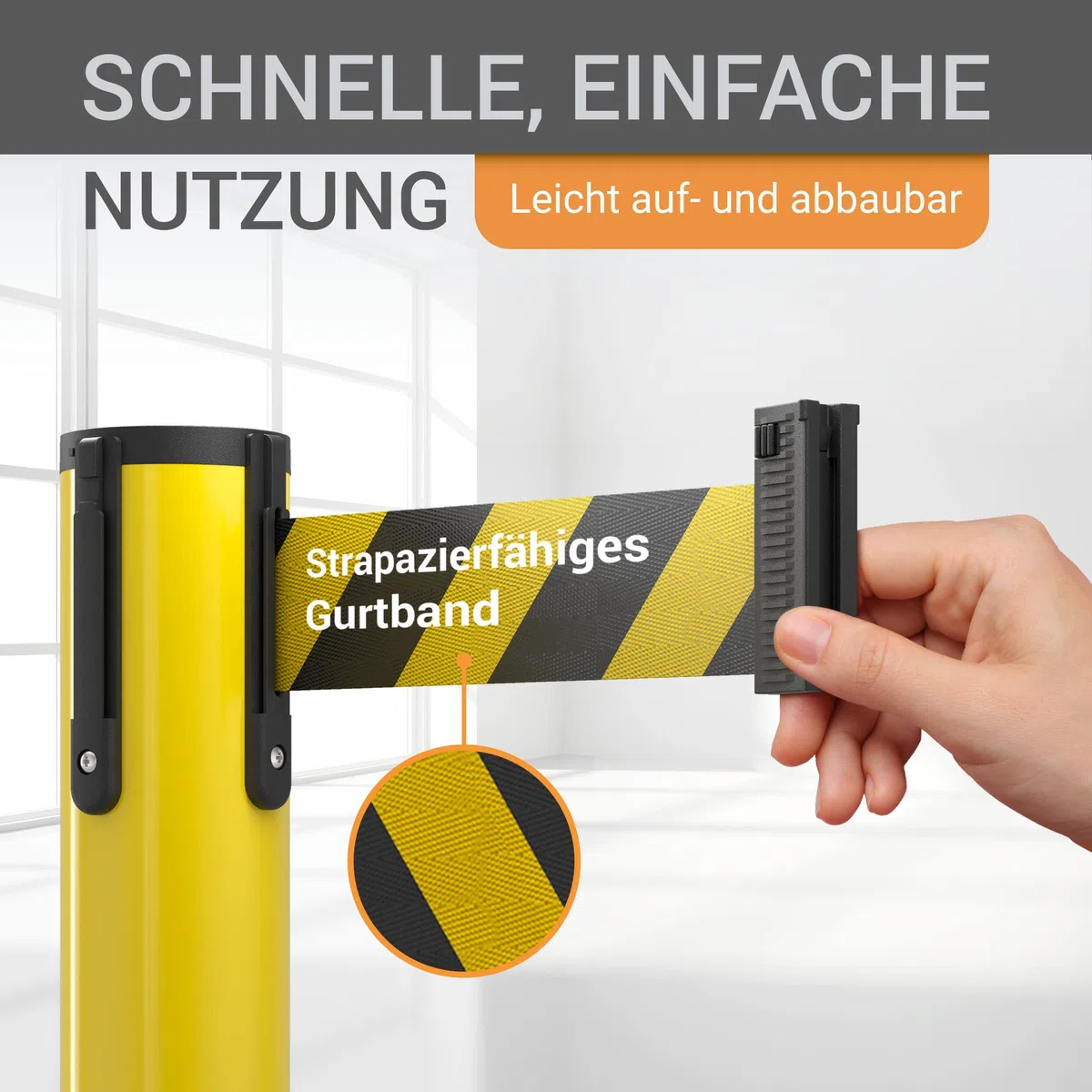 wolk Gurtpfosten 4er Set Gelb 3 m, Absperrpfosten Personenleitsystem | 4 Kunststoff Absperrständer mit 3 m gelb-schwarzem Gurtband für Sicherheitsbereiche, Baustellen und Veranstaltungen