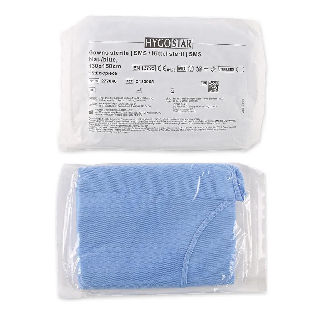 FRANZ MENSCH 50 Stück Kittel steril | SMS, Box, blue, XL, L: 130cm, Umfang: 155cm, Infektionsschutzkittel, OP-Schutzkittel, Einwegkittel