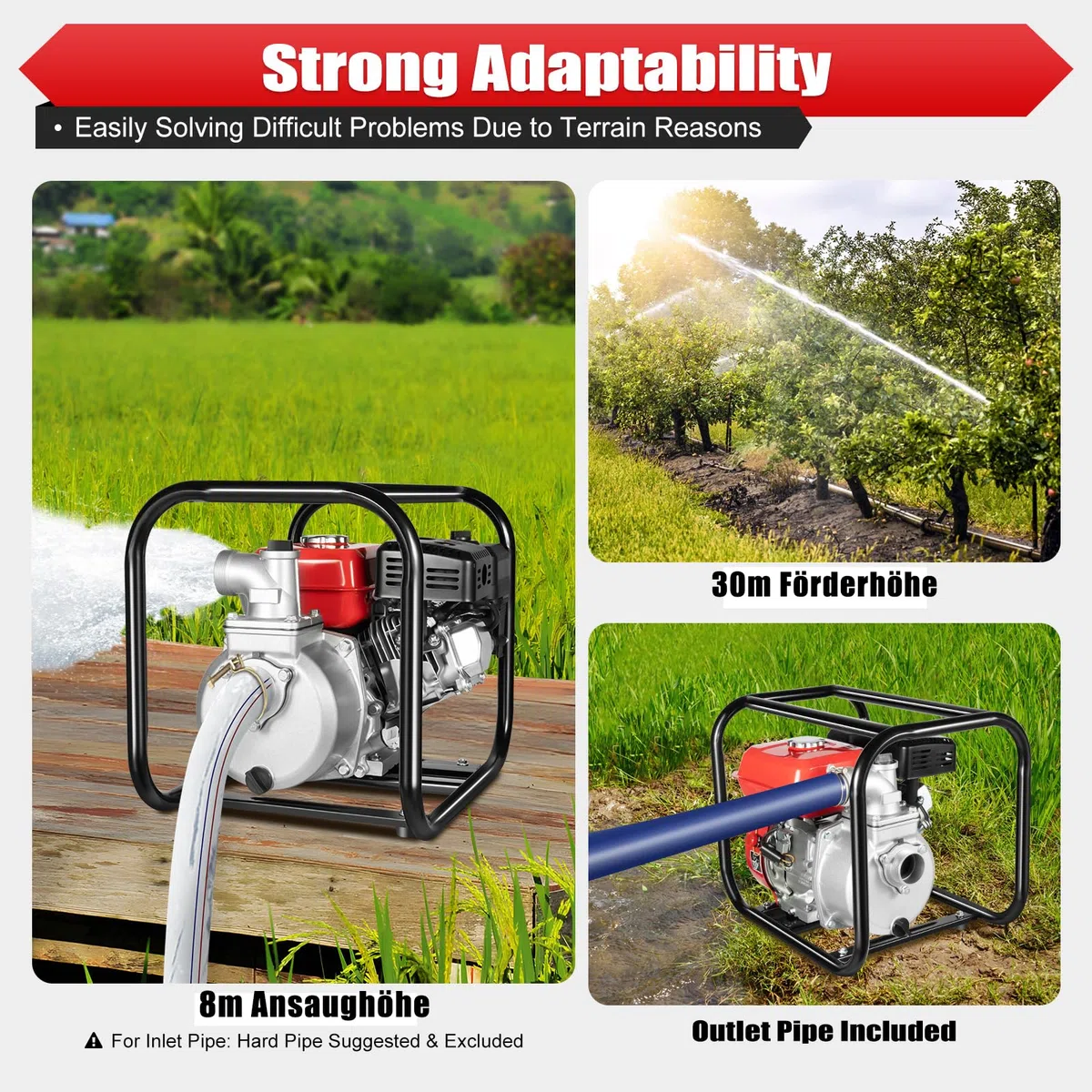7.5PS Benzin-Wasserpumpe Gartenpumpe,35000l/h und 30m Förderhöhe&8m Ansaughöhe, 3 Zoll Anschluss,Schmutzwasserpumpe mit 4-Takt-Motor,Seilzugstart, Metallfuß, inkl.7.5m Wasserleitung,Saugkorb