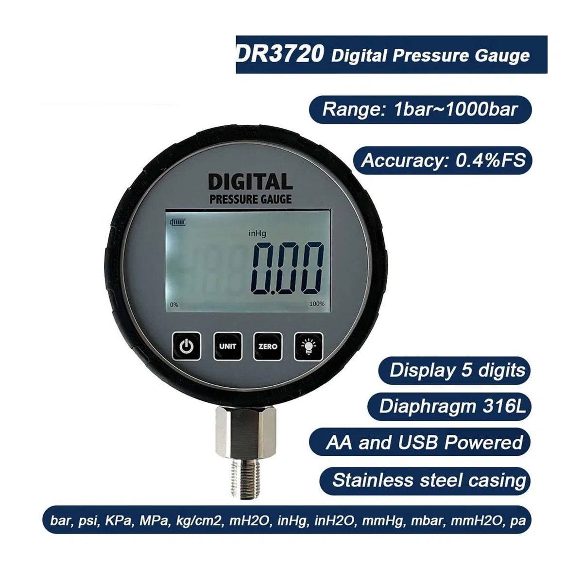 Digitales hydraulisches Manometer, 105 mm, Edelstahl-Manometer, Öl-Wasser-Messgenauigkeit 0,4(-100KPa-0)