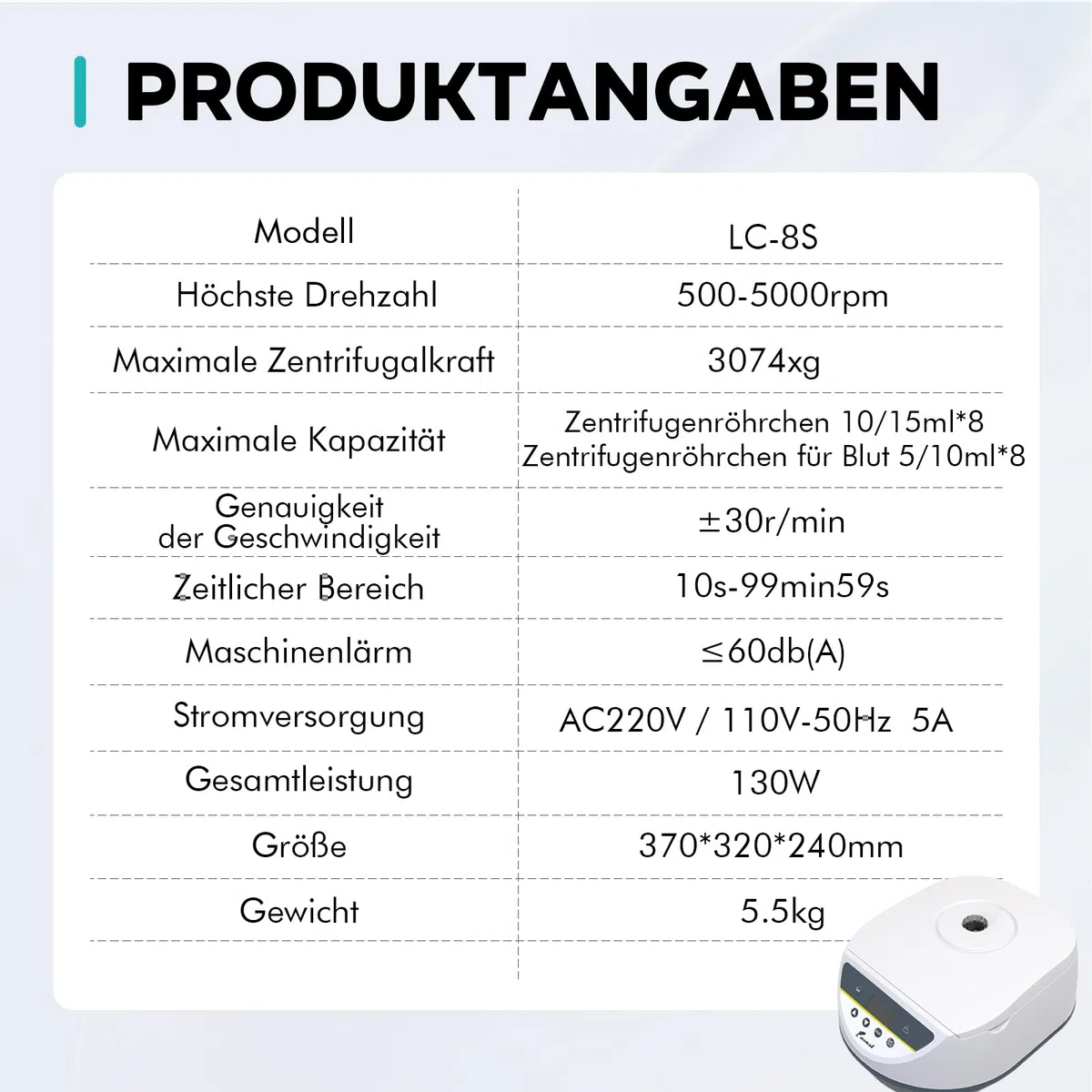 LAB FISH Labor Zentrifuge für 2ml 5ml 10ml 15ml Röhrchen, 500-5000 U/min Niedrigtourig, Max. 3074xg, 8-fach Rotor, Ideal für PRP/PRF
