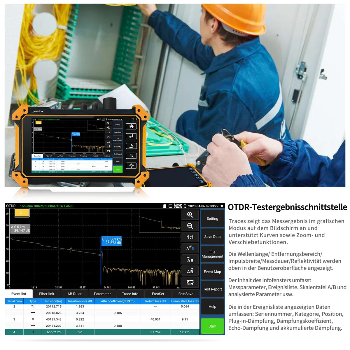 Henkion OTDR Fiber Optic Tester 1310/1550 nm 26/24 dB Glasfasermessgerät, Automatik/Parametermodus, OPM, LS, OLS, Ereigniskarte, Kabeltester, 8 Fasernadapter, Datei- und Berichtseinstellung