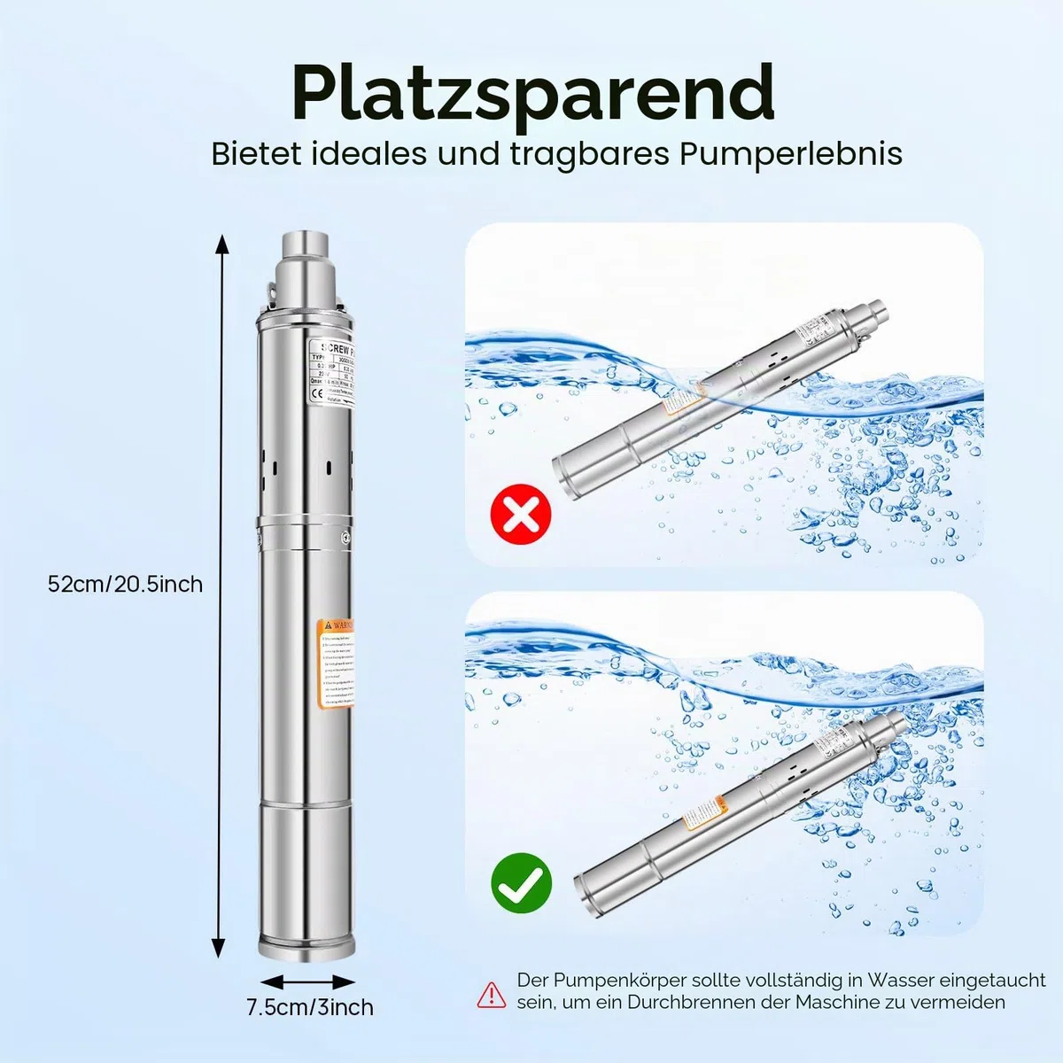 Tiefbrunnenpumpe 3 Zoll 250W Edelstahl Tauchpumpe 1600 L/h max. 80m Förderhöhe 220V mit 20m Kabel für Brunnen, Bewässerung, Wasserversorgung, Wohnmobil (3 Zoll, 250W)