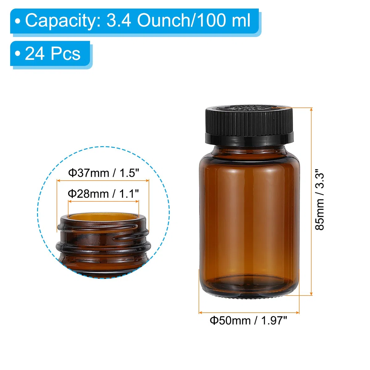 PATIKIL 3.4oz/100ml Glas Abfüllflaschen 24Stk Runde Weithalsflaschen Mit Schwarzem Rippendeckel Für Reagenzien Flüssigkeiten Ätherische Öle Parfüm Bernstein