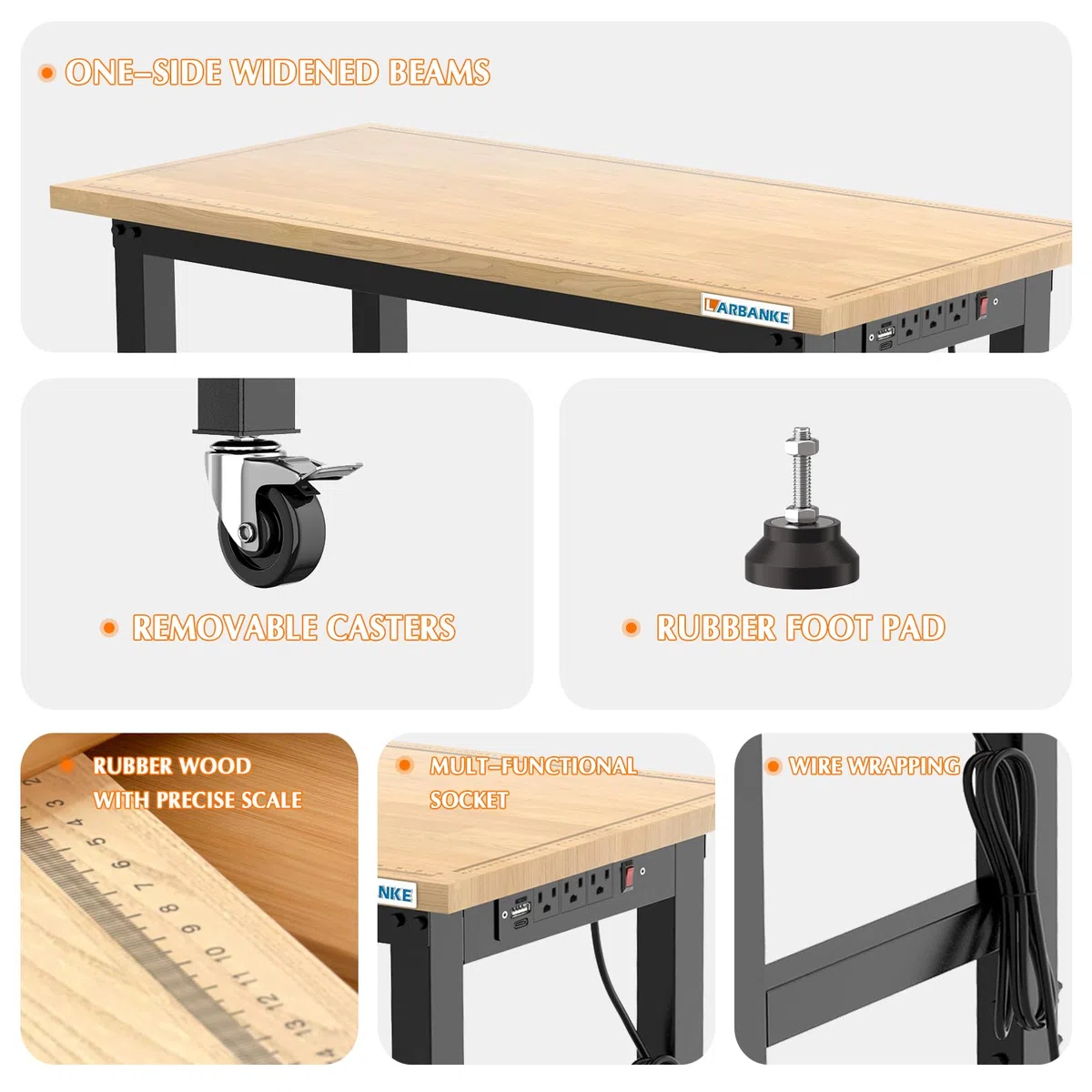 LARBANKE 120cm Werkbank aus Gummibaumholz für schwere Lasten mit Präzisionsskala, Belastbarkeit 910 kg,die Werkbank mit Rollen ist in 5 Stufen höhenverstellbar,Anwendbar in Vielen Situationen