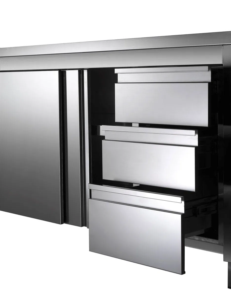 GastroHero Arbeitsschrank 120x70 cm, Edelstahl ASS3SR-ECO12X7 | 3 Schubladen, Schiebetüren, Zwischenboden, AISI 430, höhenverstellbare Füße, Profi Küchenmöbel für Gastronomie