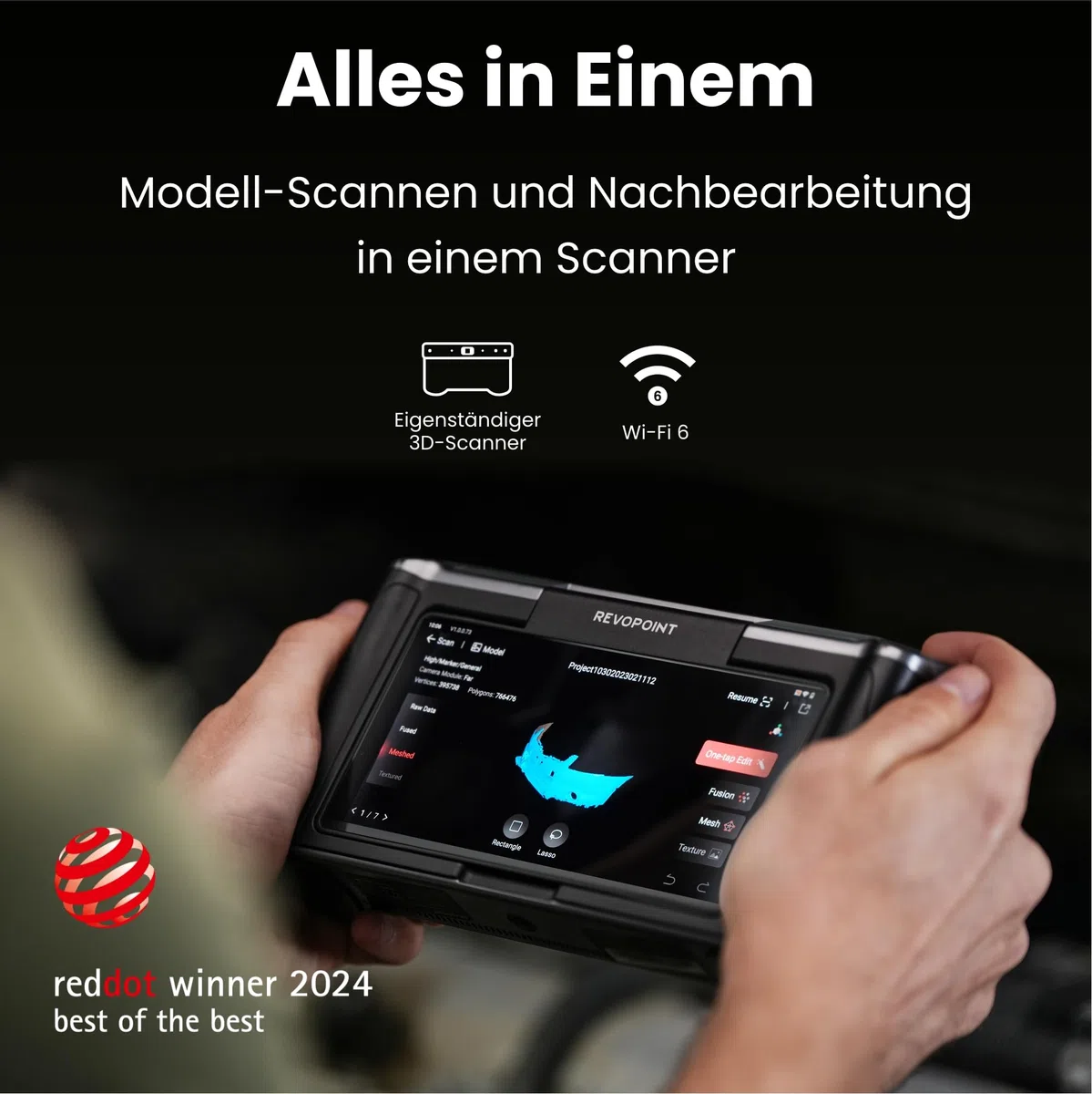 Revopoint MIRACO Pro 3D-Scanner für 3D-Drucker, Handheld 3D Scanner WiFi mit 180°Flip Screen, 5000mAh Schnelllade-Akku, bis zu 0,02 mm Präzision, Vollfarb-RGB-Kamera für Kleine bis Große Objekte, 32GB