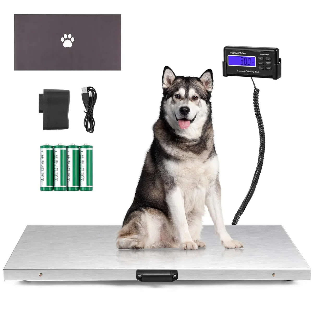 Bonvoisin 500kg Tierwaage für Veterinär & Nutztiere, Tara- & Hold-Funktion | Große Edelstahl-Plattform 103x53cm mit rutschfester Matte, Fern-Display & Dual-Stromversorgung für professionelles Tierwiegen