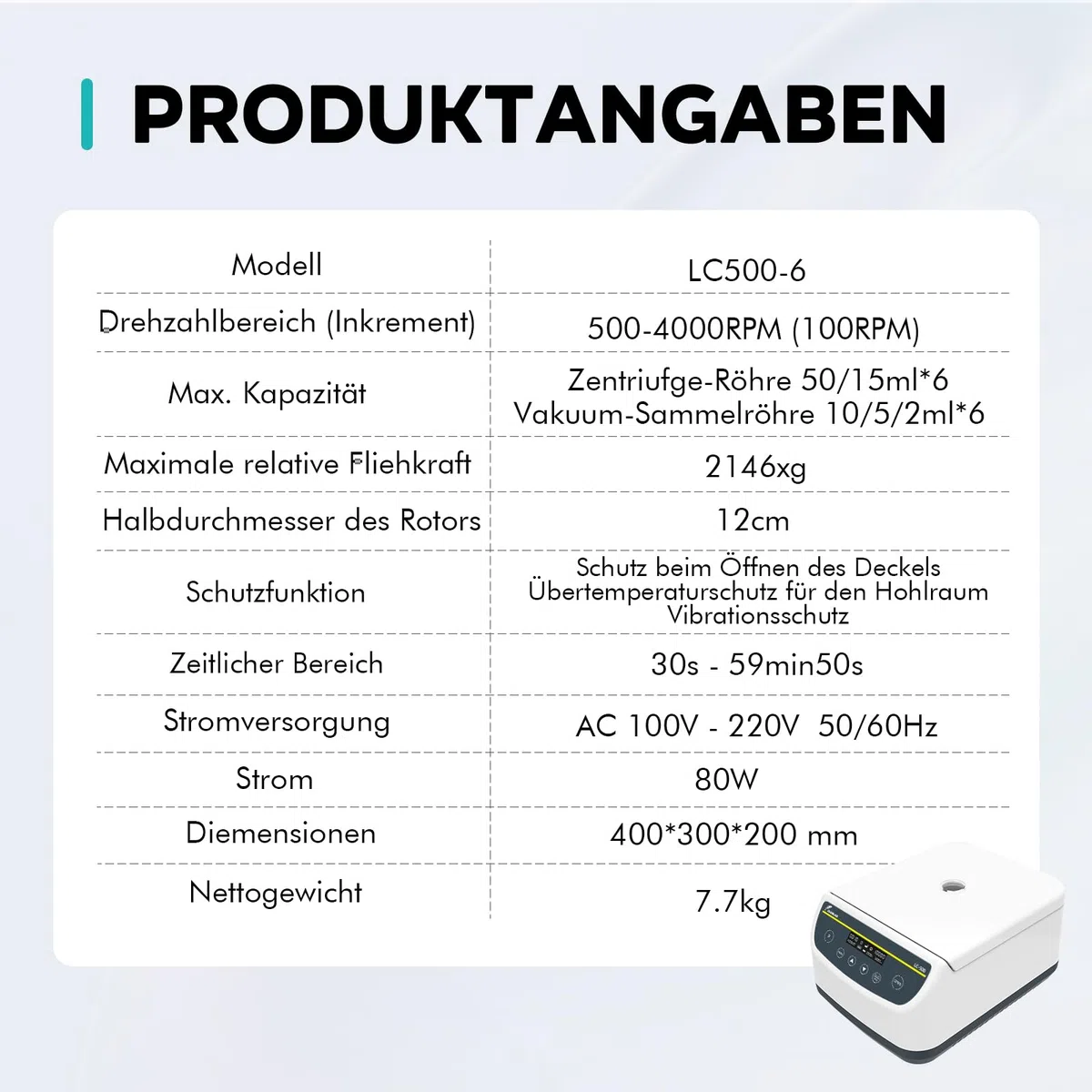 LAB FISH Labor Zentrifuge, Niedrige Drehzahl 500-4000 U/min, Max. 2146 xg, 9 Programmspeicher, Timer, für 2/5/10/15/50ml Röhrchen (6-fach Winkelrotor)