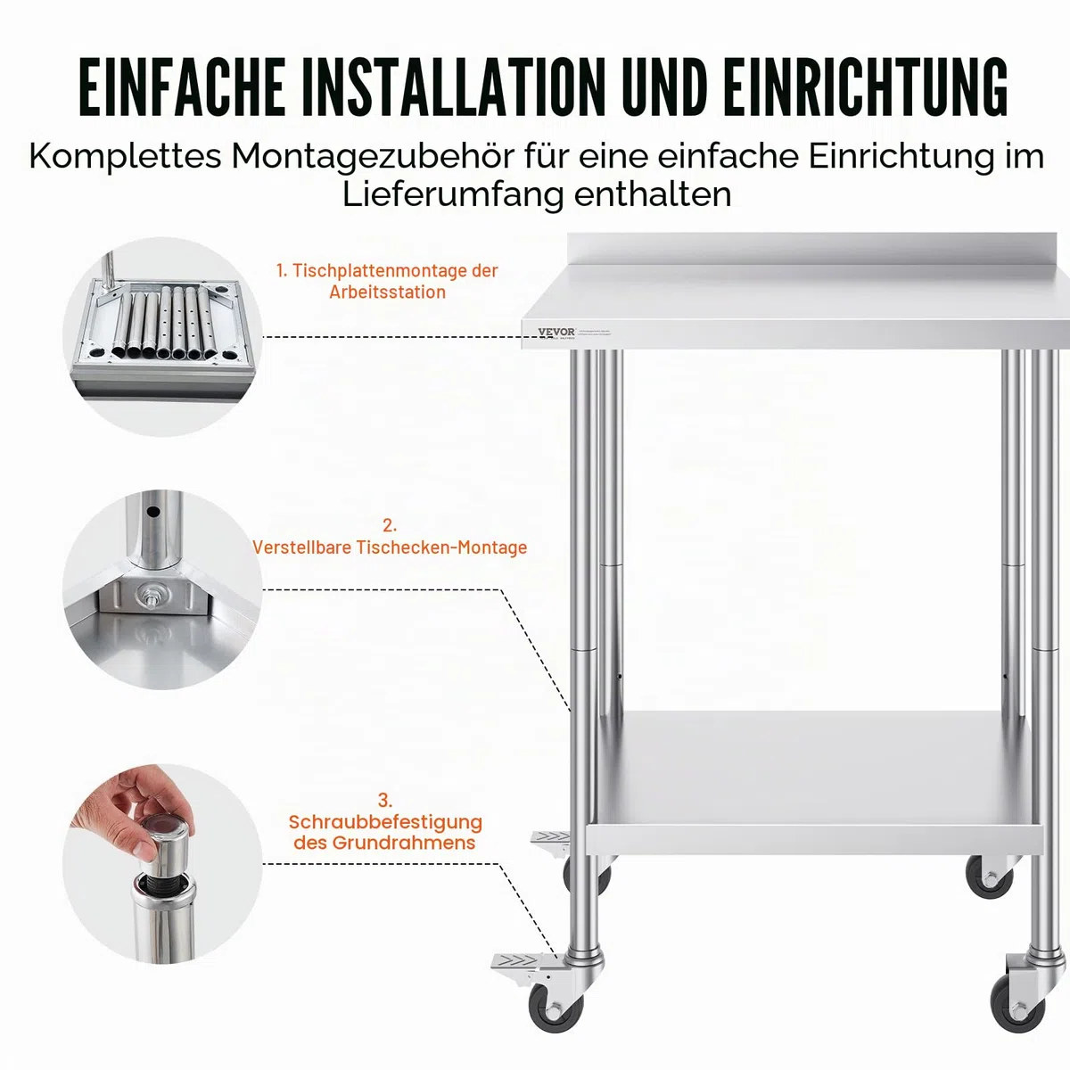 VEVOR Edelstahl Arbeitstisch Küche, kommerzieller Lebensmittelzubereitungs Küchetisch mit Rollen, 61 x 76 x 100 cm