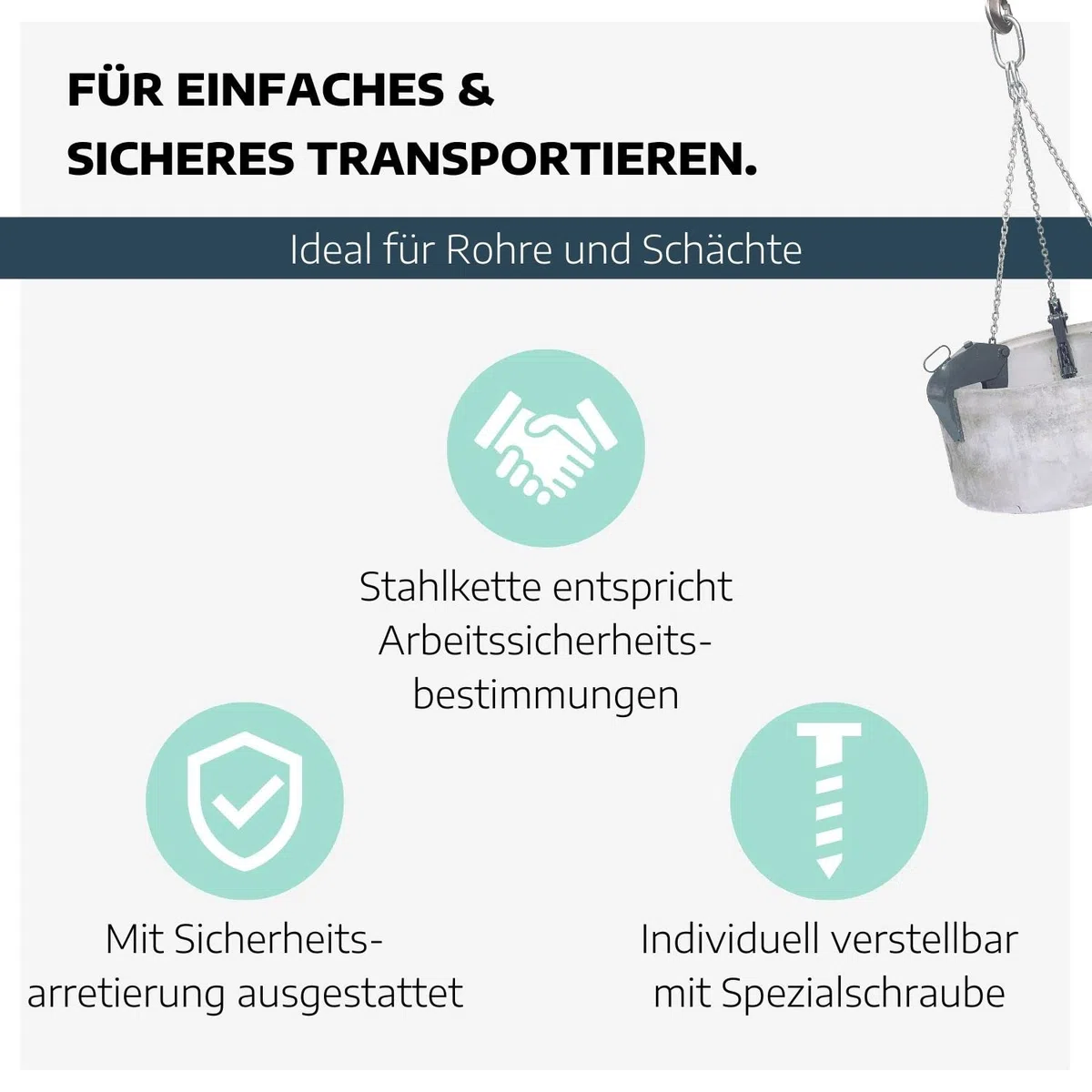 Schachtgehänge aus leichter Stahlhohlbauweise 1500kg I Kettengehänge in 170 cm für Rohre bis 200 cm Durchmesser I Anschlagkette für DIN 4034 Teil 2 I Spannbereich 0-130 mm