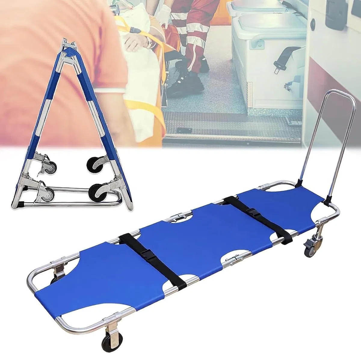 Klapptrage, medizinische Trage aus Aluminium, leicht, mit Trolley 4 Rädern, verschiebbare Rettungstrage für den Patiententransport, für Krankenhäuser, Krankenwagen, Feuerwehr