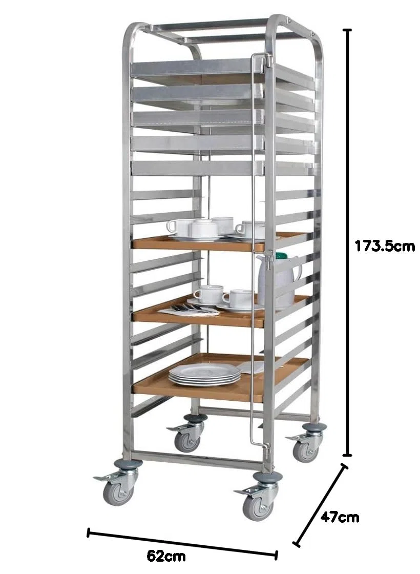 BRB Tablettwagen/Abräumwagen aus Edelstahl, für 15 Tabletts oder Backbleche, BxTxH 620x470x1735 mm, 4 Gummilenkrollen mit Feststellbremse