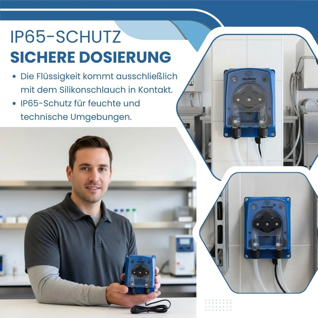 GOLDMAN SERVICE Peristaltische Dosierpumpe, verstellbar, 120 ml/min, Dosierer für Waschmittel und Klarspüler für industrielle Geschirrspüler – IP65, 5 W, Wandmontage