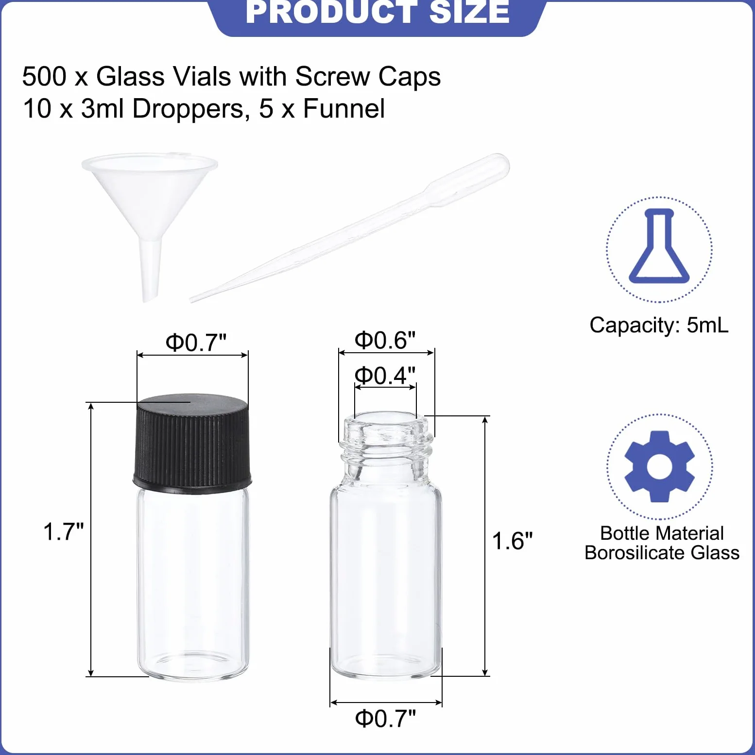 PATIKIL 5 ml klare leere Glasfläschchen, 500 Stückung Probefläschchen mit Schraubverschluss Reagenzglas mit 10 Tropfpipetten und 5 Trichtern Auslaufsicheres Fläschchen für das Labor