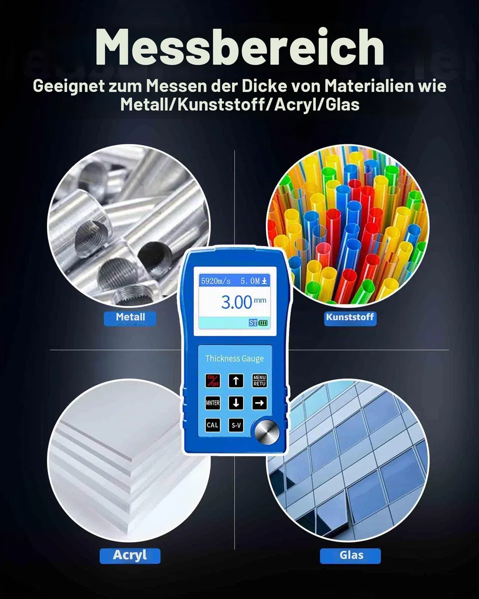 Ultraschall-Dickenmessgerät DR83S 0,9–300 mm, 2.3" Farbdisplay, Genauigkeit 0,1 mm, Thickness Gauge Meter für Metall/Kunststoff/Stahl/Glas, Datenspeicher für 2000 Gruppen, Kein Haftvermittler